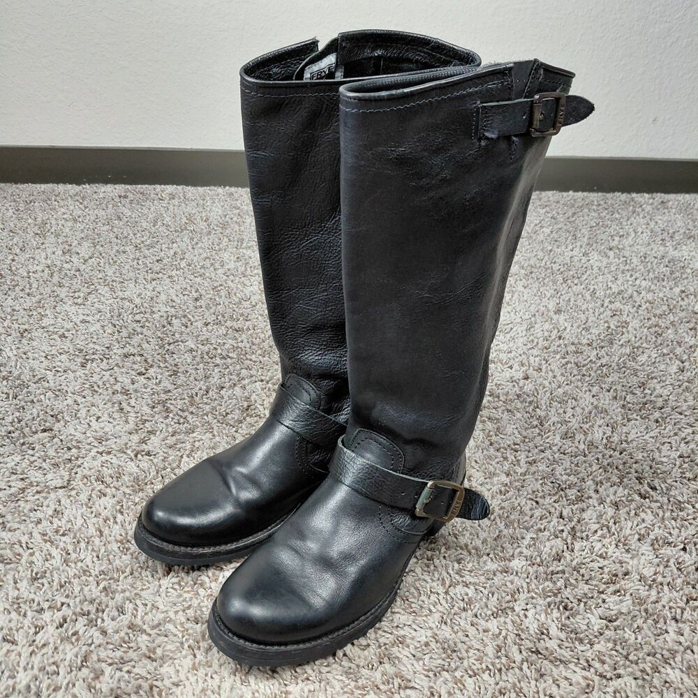 Frye Veronica Slouch Boots Womens 8.5 B Black Leather Riding Moto Harness Buckle